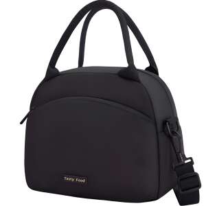 Black insulated lunch bag with Tasty Food logo, two handles, and adjustable shoulder strap - Lunch Bag