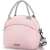 Pink insulated lunch bag with a handle and shoulder strap, Tasty Food logo, side view