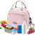 Pink insulated lunch bag with a handle and shoulder strap, Tasty Food logo, with food containers and drinks
