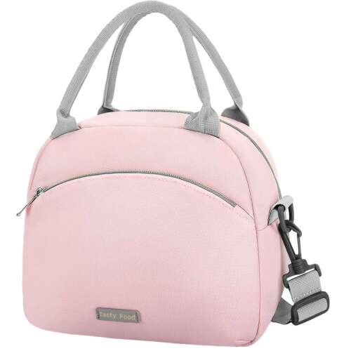 Pink insulated lunch bag with a handle and shoulder strap, Tasty Food logo