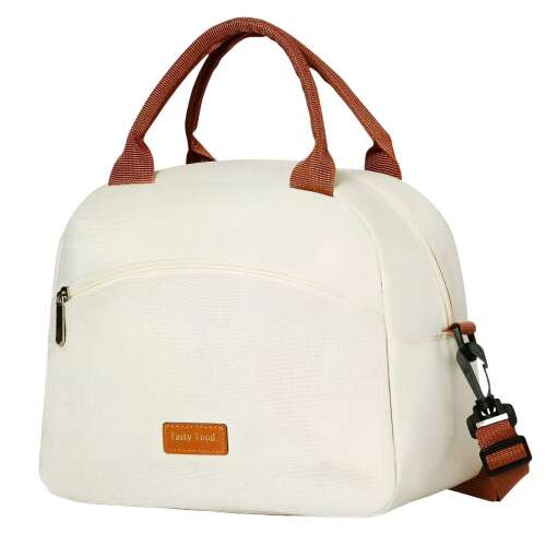 Cream colored Flippy lunch bag with brown handles and shoulder strap