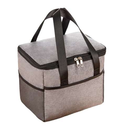 Grey insulated lunch bag with black handles and zipper, perfect for carrying food and drinks to work, school, or picnics