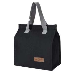 Schwarze isolierte Lunchtasche mit grauen Griffen, Tasty Food Logo - Lunchtaschen