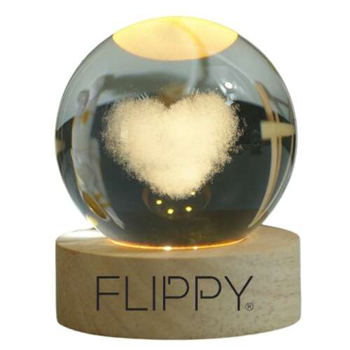 Flippy LED crystal ball lamp with heart design, warm white light, USB powered, wooden base