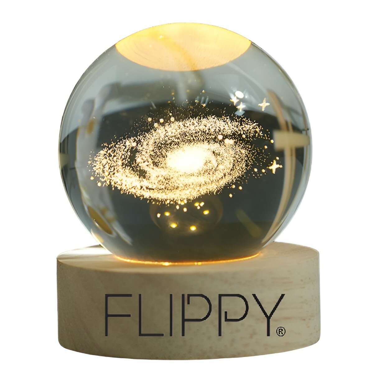 Flippy Decorative LED Lamp, Crystal Ball with 6cm Diameter, 3D Galaxy Model, USB Powered, Wooden Stand, Warm White Light