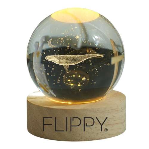 Flippy LED night light with whale design, crystal ball with wooden base, warm white light