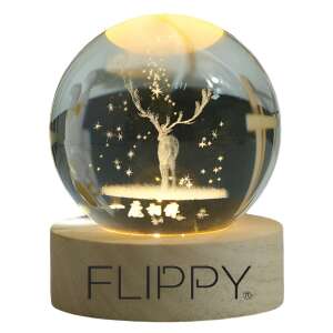 Flippy LED night light with deer design, crystal ball, wooden base, warm white light - Decorative Lamp