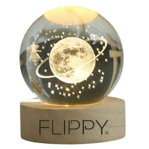 Flippy LED night light with a crystal ball, 3D starry sky design, warm white light, USB powered, wooden base - Decorative Lamp