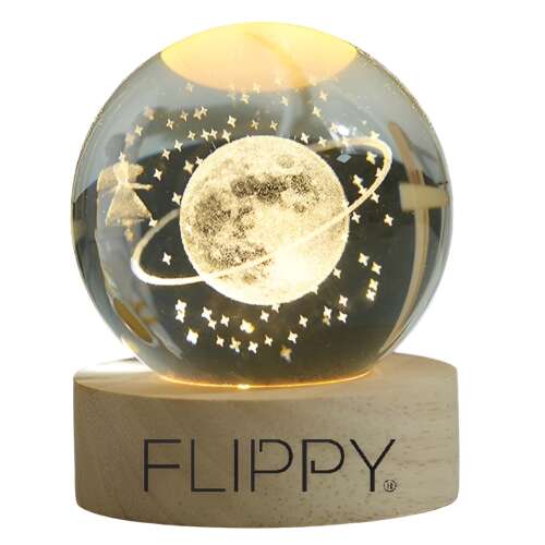 Flippy LED night light with a crystal ball, 3D starry sky design, warm white light, USB powered, wooden base