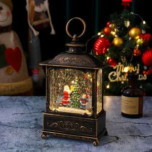Vintage Christmas lantern with Santa Claus and boy figurine, musical snow globe, warm white LED lights, 3 modes, battery operated, USB powered, Christmas decoration - Christmas Decoration