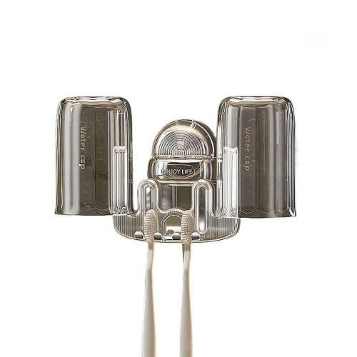 Flippy Viacúčelový Dvojitý Držiak na Zubné Kefky s Pohármi, Priehľadný, Nástenná Montáž, Organizátor do Kúpeľne