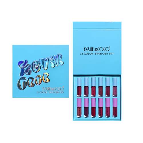KEVIN & COCO 12 Color Lipgloss Set, 12 shades of lip gloss in a blue box
