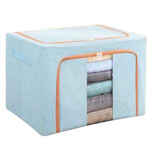 Blue foldable storage box with clear window, Flippy 100L, cotton and linen, 60x42x40 cm, 2 zippers, metal frame, plastic base - Closet organizer