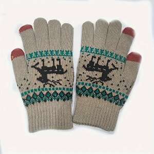 Чифт дамски плетени ръкавици с елени, топли зимни ръкавици с руно, цвят каки - Дамски аксесоар