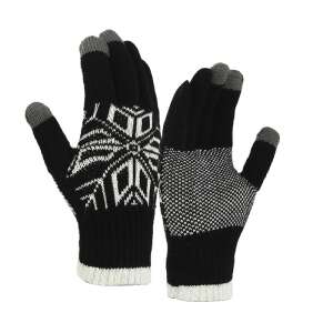 Черни плетени ръкавици с шарка от снежинки, съвместими с тъчскрийн, топли зимни ръкавици - Мъжки ръкавици