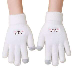 Fehér érintőképernyős kesztyűk aranyos medvefej mintával, tökéletesek a télre - Női kiegészítő