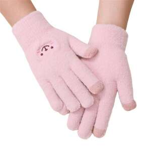 Rózsaszín érintőképernyős kesztyűk aranyos medve arc hímzéssel, tökéletesek a télre - Női kiegészítő