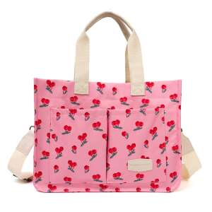 Pink cherry print tote bag with shoulder strap - Shoulder Bag