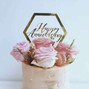 KeepHome Happy Anniversary topper tort hexagonal auriu pe tort cu flori - Decoratiuni pentru tort