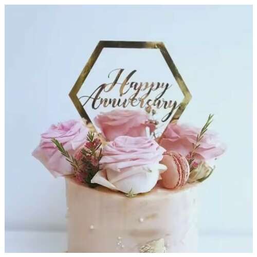 KeepHome Happy Anniversary topper tort hexagonal auriu pe tort cu flori