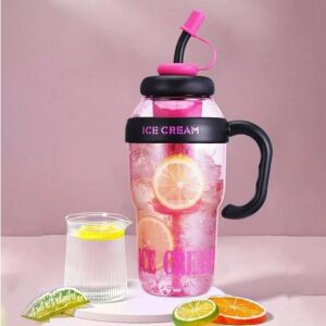 Sticlă de apă roz Ice Cream cu pai și mâner umplută cu apă cu lămâie - Transportatori de alimente și băuturi