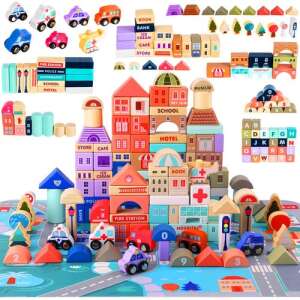 Kruzzel wooden city building blocks set with 115 pieces, including cars, trees, and a play mat - Kruzzel