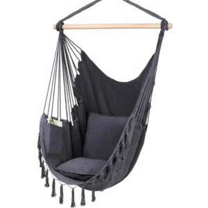 Pepita single hanging chair with cushions in dark gray, hanging chair with cushions, hammock chair, comfortable hanging chair, outdoor hanging chair, indoor hanging chair, hanging chair with tassels