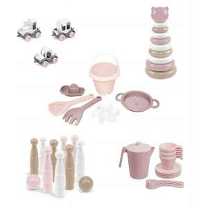 Pink and beige playset for kids, including a tea set, bowling set, stacking rings, sand toys, and toy cars - Baby Walker, Push & Pull Toy and Developmental Toy for Toddler