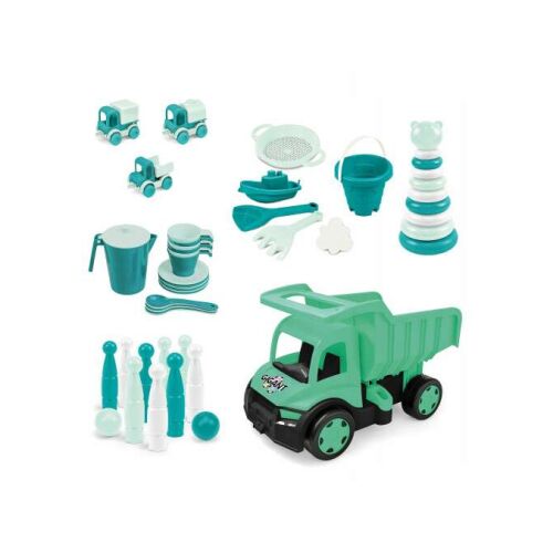 Wader komfort Szobaszett #smaragdzöld Entwicklungsspielzeug-Set mit Autos, Pyramide, Bowling, Kaffeeservice und Sandburg-Set