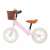 Vedere laterală a bicicletei de echilibru Pepita roz și maro, cu coș și clopoțel, roți de 12 inci