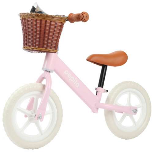 Bicicleta de echilibru Pepita roz și maro, cu coș și clopoțel, roți de 12 inci