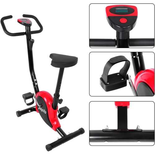 Pepita stacjonarny rower treningowy w kolorze czerwono-czarnym z wyświetlaczem i licznikiem kalorii, zbliżenie na wyświetlacz, pedały i kierownicę