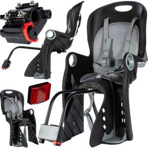 Kollázs a gyermek kerékpárülés alkatrészeiről és az összeszerelt ülésről - Gyerekülés kerékpárra