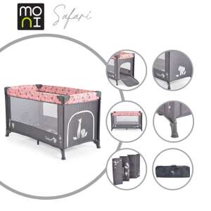 Moni Safari utazóágy, rózsaszín és szürke, állatmintás, 1 szintes, cipzáras kijárattal, kollázs a különböző szögekből és funkciókból - Utazóágy és Kiegészítői