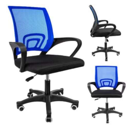 Ergonomiczne krzesło biurowe Pepita w kolorze niebieskim i czarnym, z siatkowym oparciem i regulowaną wysokością