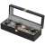Black wooden watch box with glass top, 6 slots for watches, with watches inside