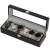 Black wooden watch box with glass top, 6 slots for watches, with watches inside