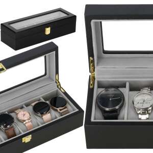 Black wooden watch box with glass top, 6 slots for watches, with watches inside - Dressing Accessory