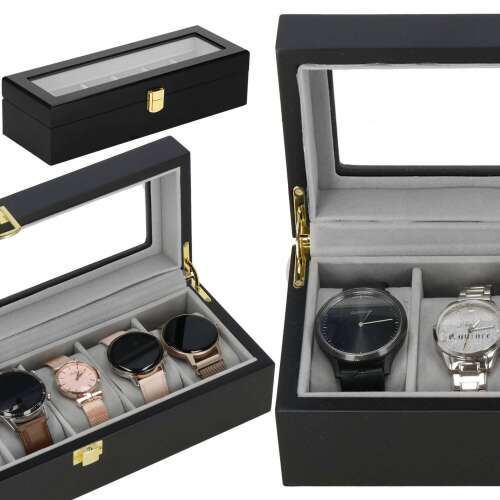 Black wooden watch box with glass top, 6 slots for watches, with watches inside