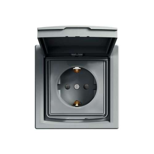 Priză exterioară Schneider Electric Asfora EPH3100362, rezistentă la intemperii, cu clapetă, 2P+F, IP44, oțel