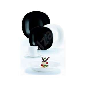 Luminarc Carine fekete és fehér 30 részes étkészlet, mely fekete és fehér négyzet alakú tányérokat, tálakat és csészéket tartalmaz, ideális a mindennapi étkezéshez - Luminarc