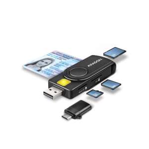Axagon CRE-SMP2A USB Smart Card & SD/microSD/SIM kártya PocketReader, többkártyás olvasó USB-A és USB-C csatlakozással, támogatja az okoskártyákat, SD kártyákat, microSD kártyákat és SIM kártyákat - Kártyaolvasó