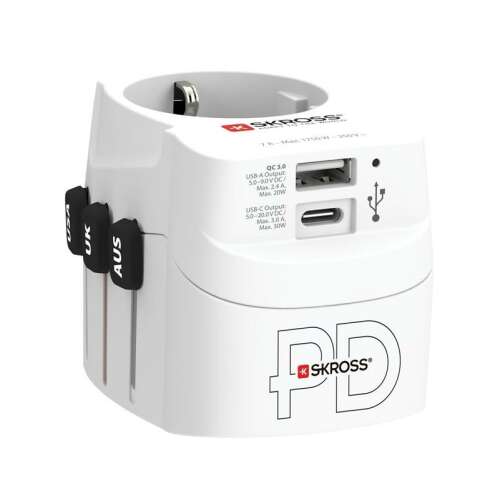 Adaptor de călătorie mondial Skross cu porturi de încărcare USB-A și USB-C, acceptă mai multe tipuri de prize