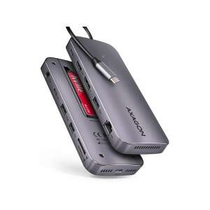 Axagon HMC-12GM2 12 az 1-ben USB Hub, ezüst színben, számos porttal és foglalattal, beleértve HDMI, USB-C, SD kártyaolvasót és még sok mást - AXAGON