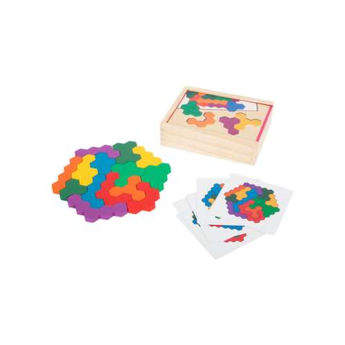 Small Foot - Fa formapuzzle hatszög fa puzzle hatszög alakú darabokkal, színes, fa dobozban fedéllel, 10 puzzle variáció, 5 feladatkártya - Small foot
