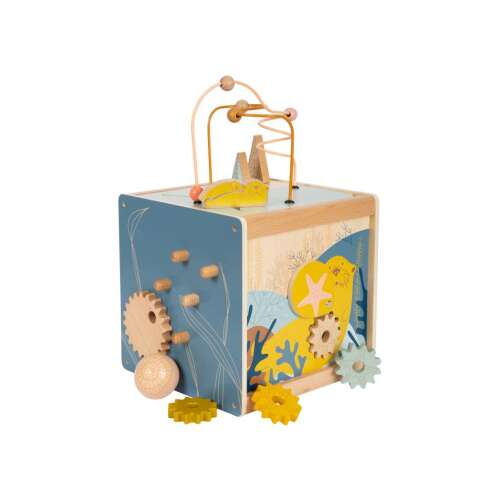 Small Foot Aktivitás Kocka Tengeri Élet, egy fa aktivitás kocka különféle tevékenységekkel csecsemők és kisgyermekek számára, beleértve a gyöngyös labirintust, forgó fogaskerekeket és formaválogatókat