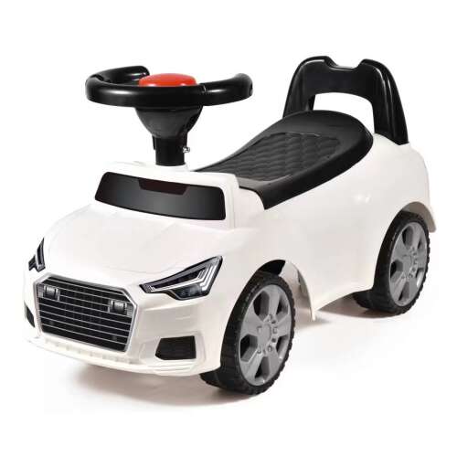 Bijeli hodalica za bebe u obliku automobila s volanom i trubom, prikladan za bebe