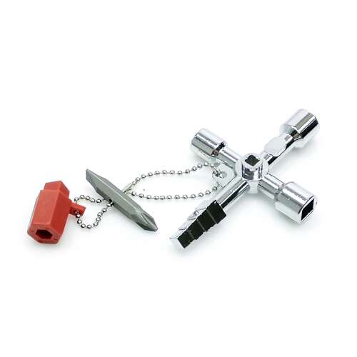 Mar-Pol Kapcsolószekrény kulcs többféle tartozékkal, beleértve a csavarhúzófejeket és egy láncot