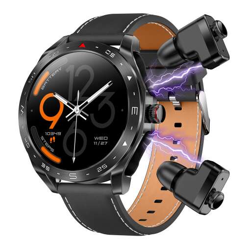 ZEEVOS smartwatch with built-in TWS Bluetooth headphones, 2 in 1, black smartwatch with brown strap and black wireless earphones