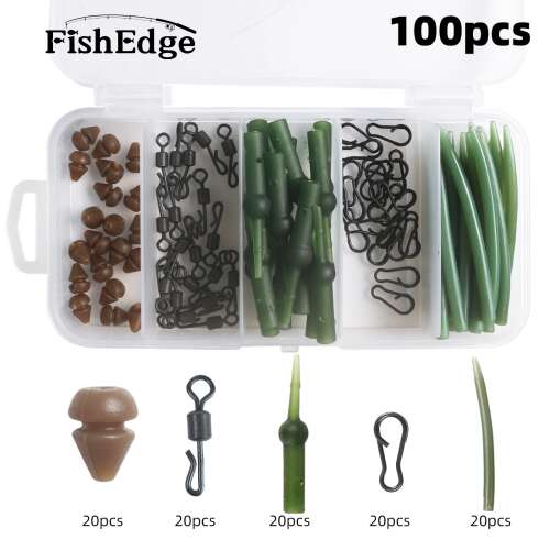 FishEdge 100 darabos pontyhorgász kiegészítő készlet, tartalmaz ólomcsipeszeket, gyorskapcsokat, gubancgátlót, szilikon csövet, stopper